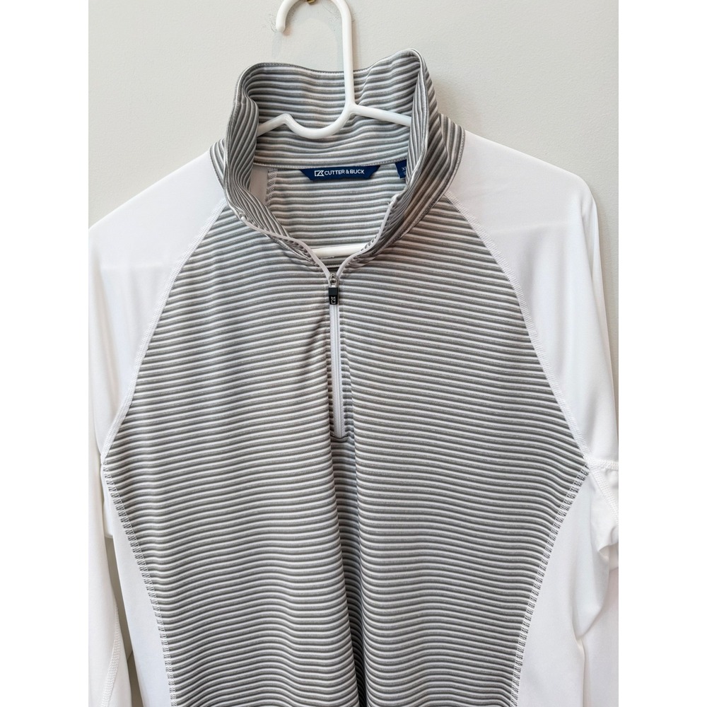 Cutter & Buck Mens XL Quarter Zip Pullover White Grey Striped Golf Active Top